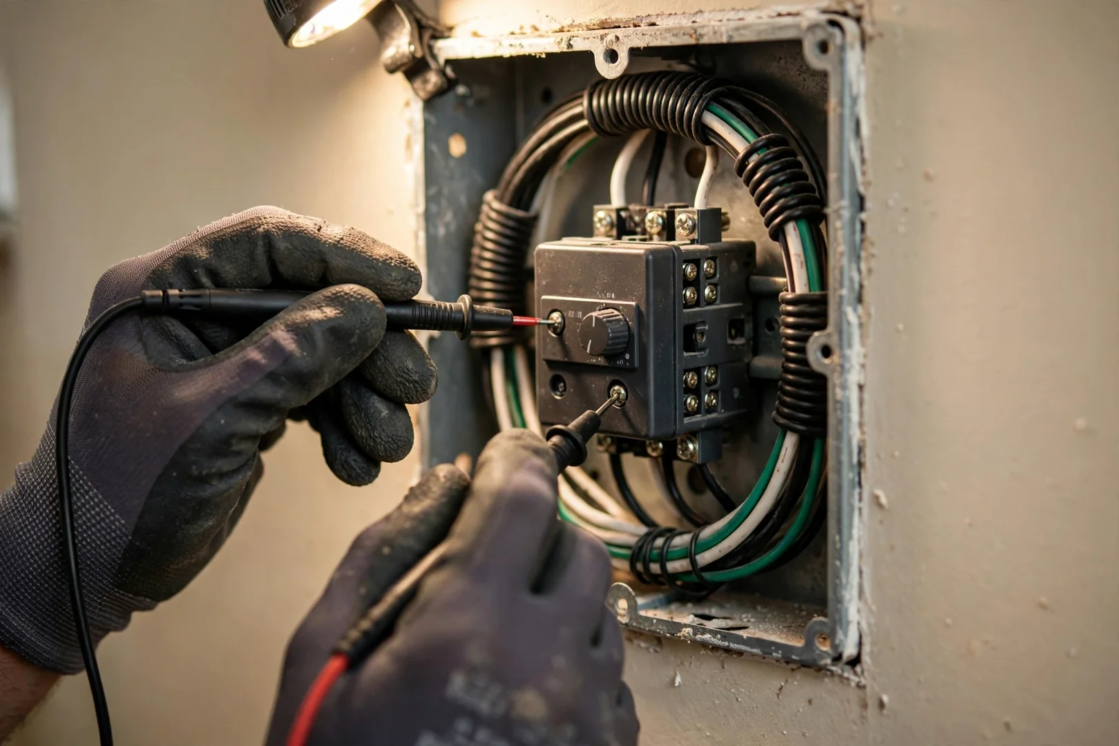 Technician hands testing a dimmer circuit at an open switch box during fixture balancing