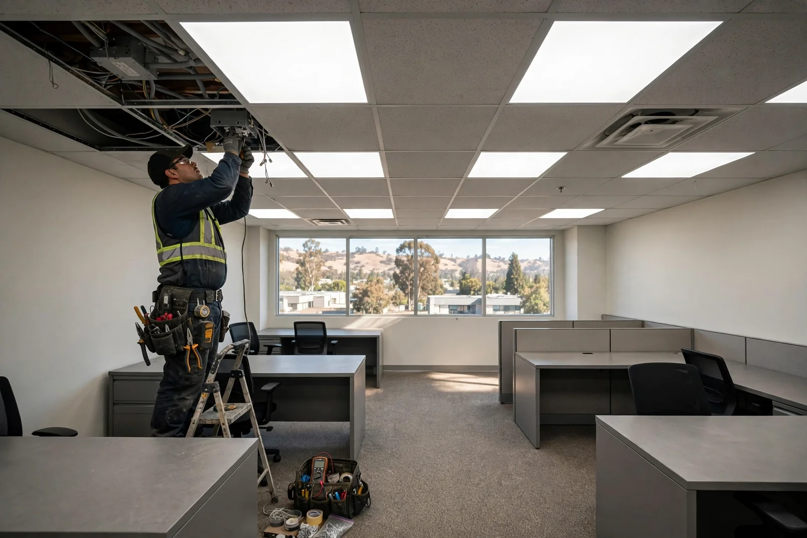 Flat panel LED troffers replaced across a small commercial suite drop ceiling grid