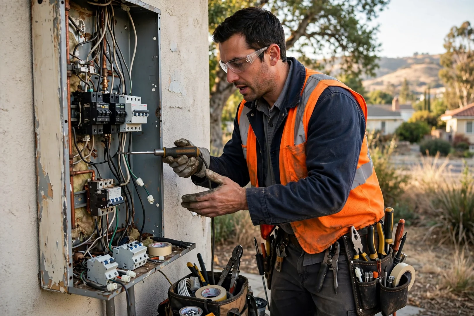 Electrician installing a grounded wall receptacle during an outlet upgrade in a Dublin home