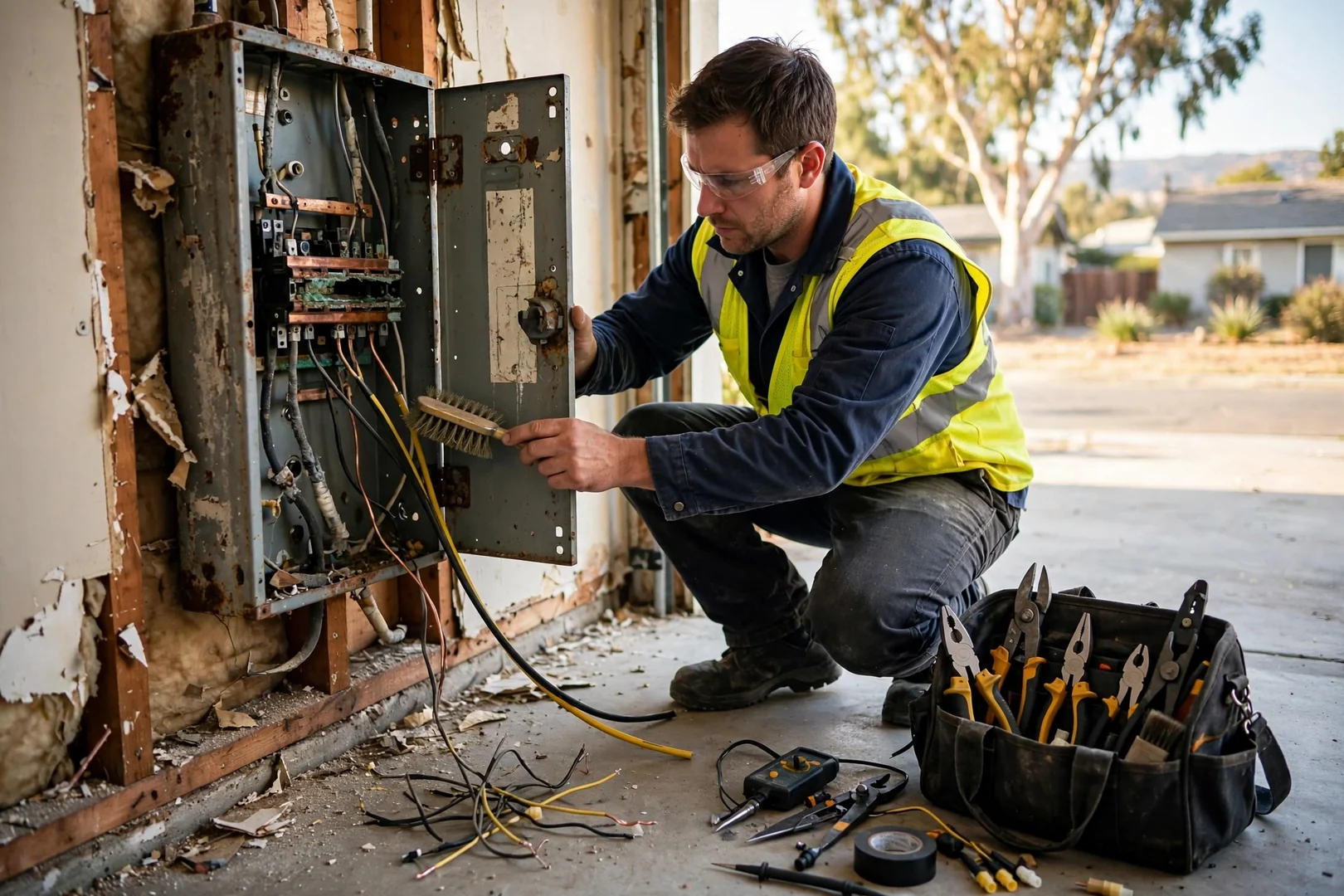 Electrician terminating conductors in a new outlet box in a Dublin home