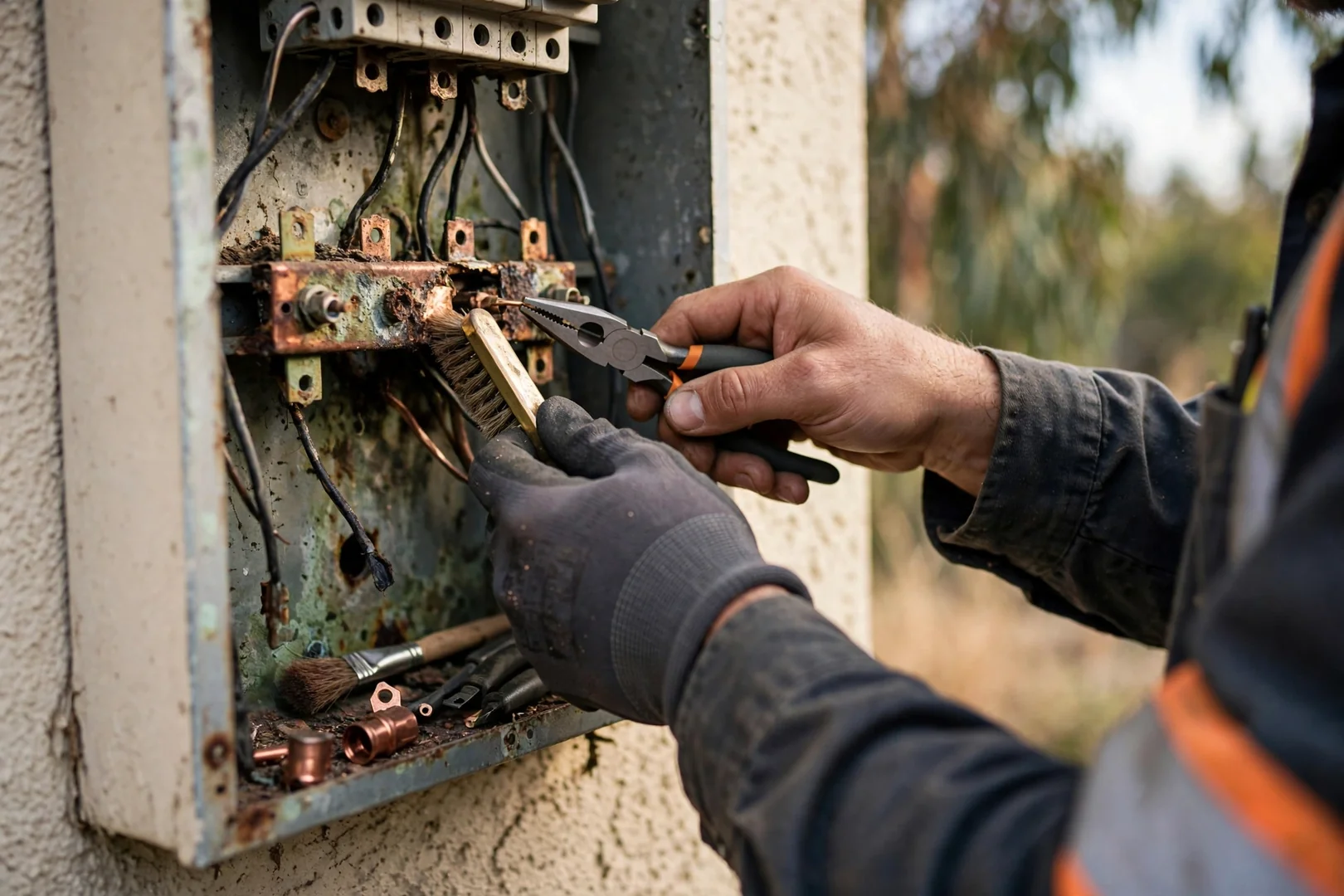 Technician testing receptacle polarity and ground continuity with a circuit analyzer