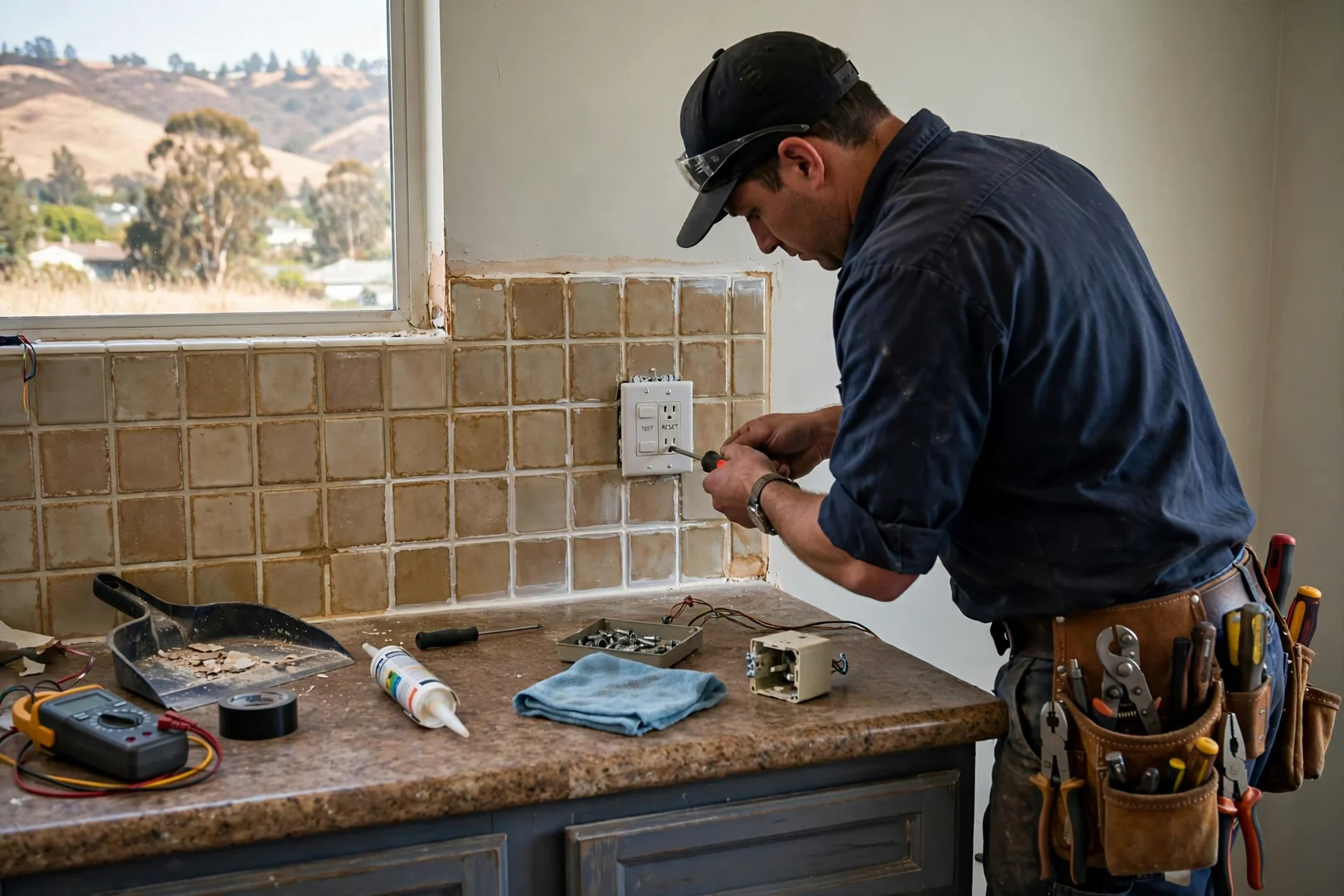 Newly installed GFCI receptacle above tiled kitchen countertop in a Dublin home