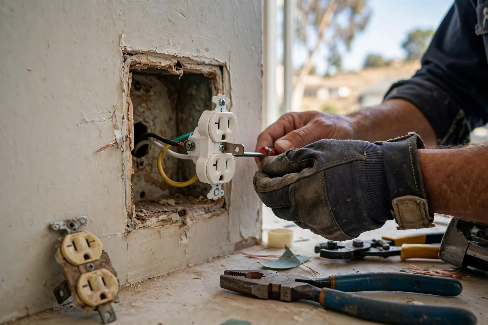 Close-up of grounded three-prong receptacle replacing an older two-prong outlet