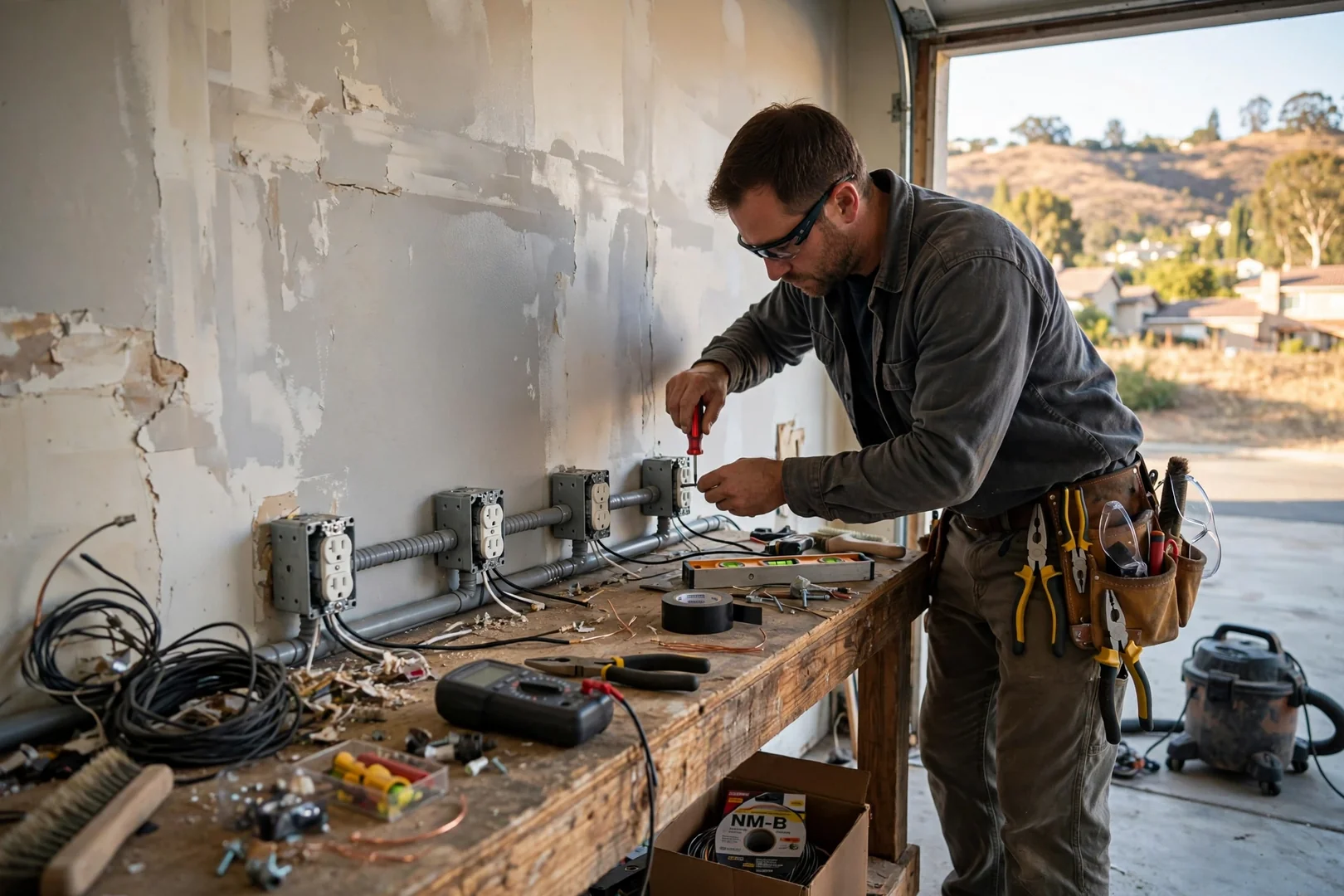 Row of new workbench receptacles wired on a dedicated garage circuit