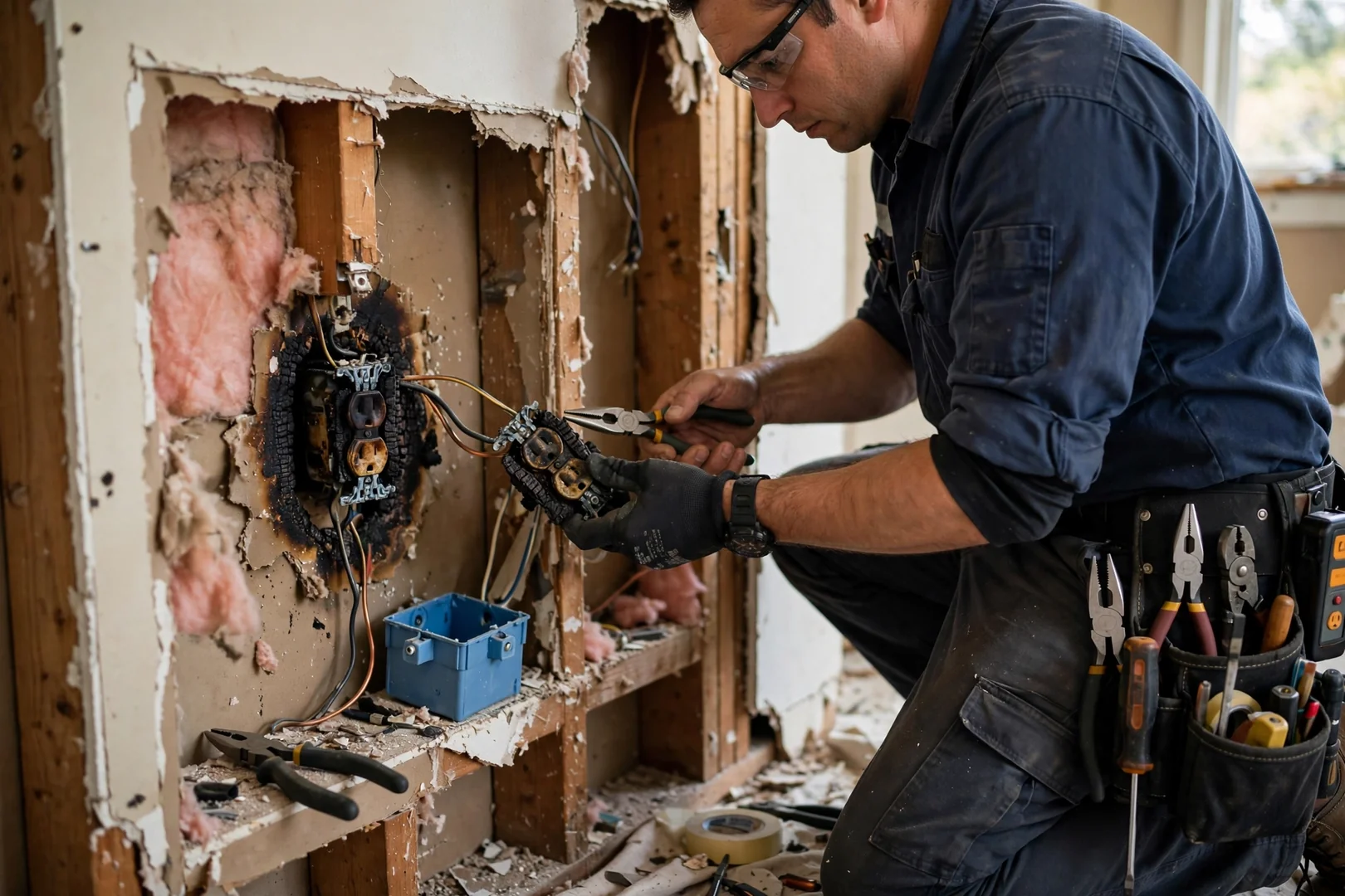 Technician replacing a scorched receptacle and damaged device box inside wall cavity