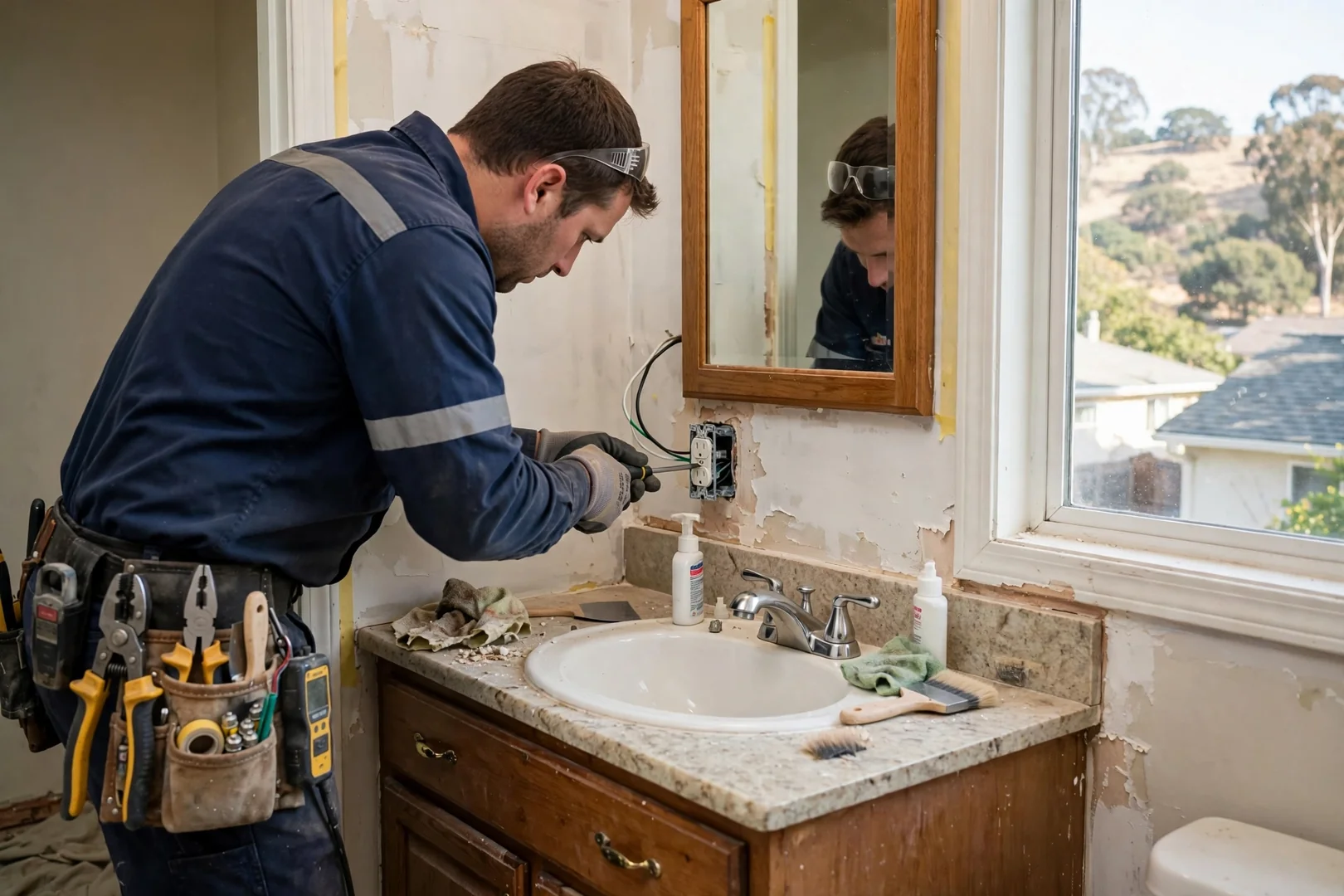 Tamper-resistant GFCI outlet installed beside bathroom vanity mirror and trim