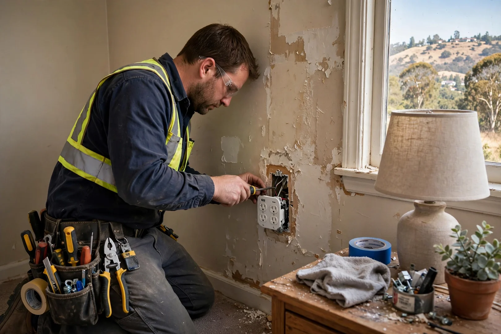 Combination USB and receptacle device installed on a bedroom wall near nightstand