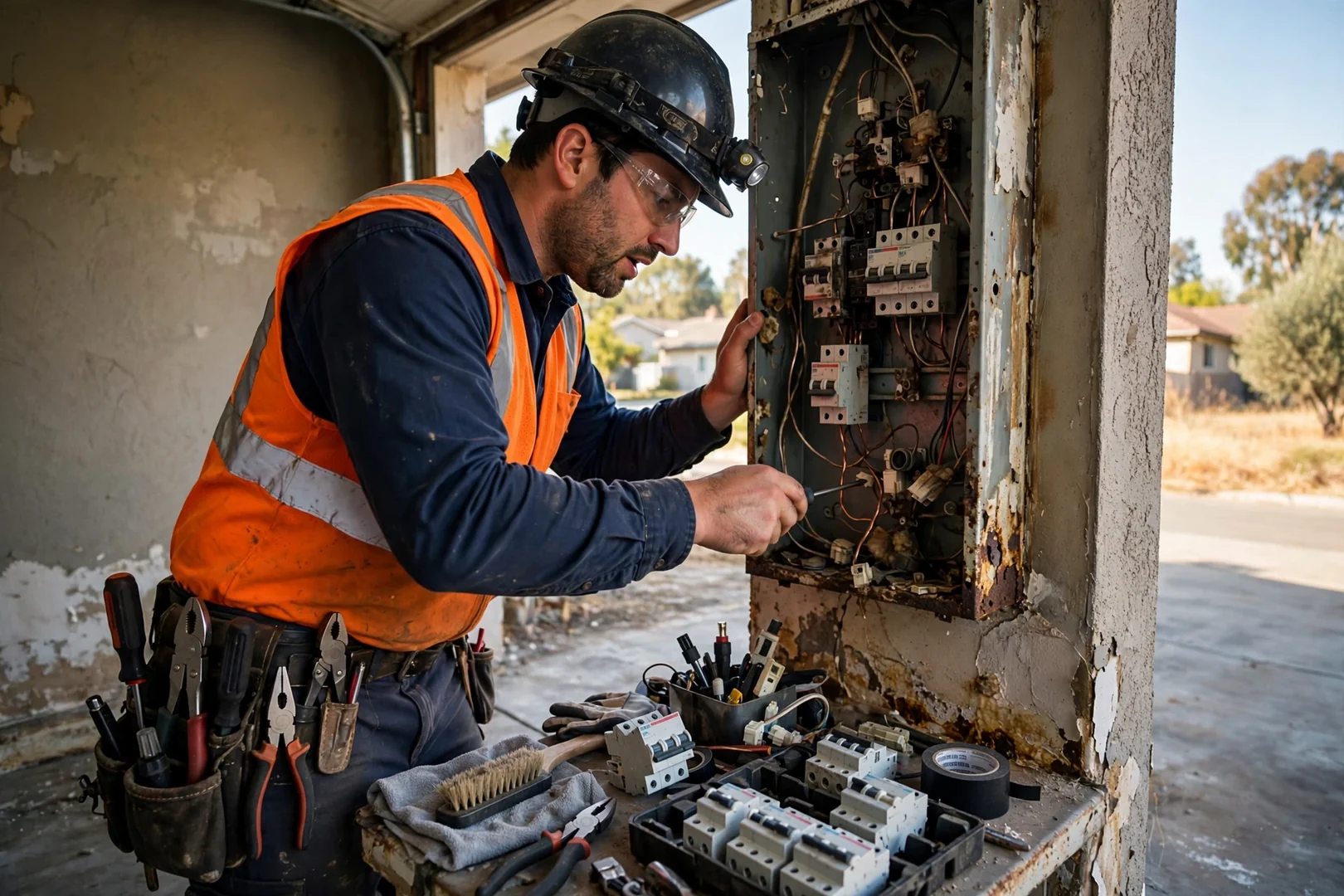 Electrician mounting a whole-home surge protective device inside a residential service panel