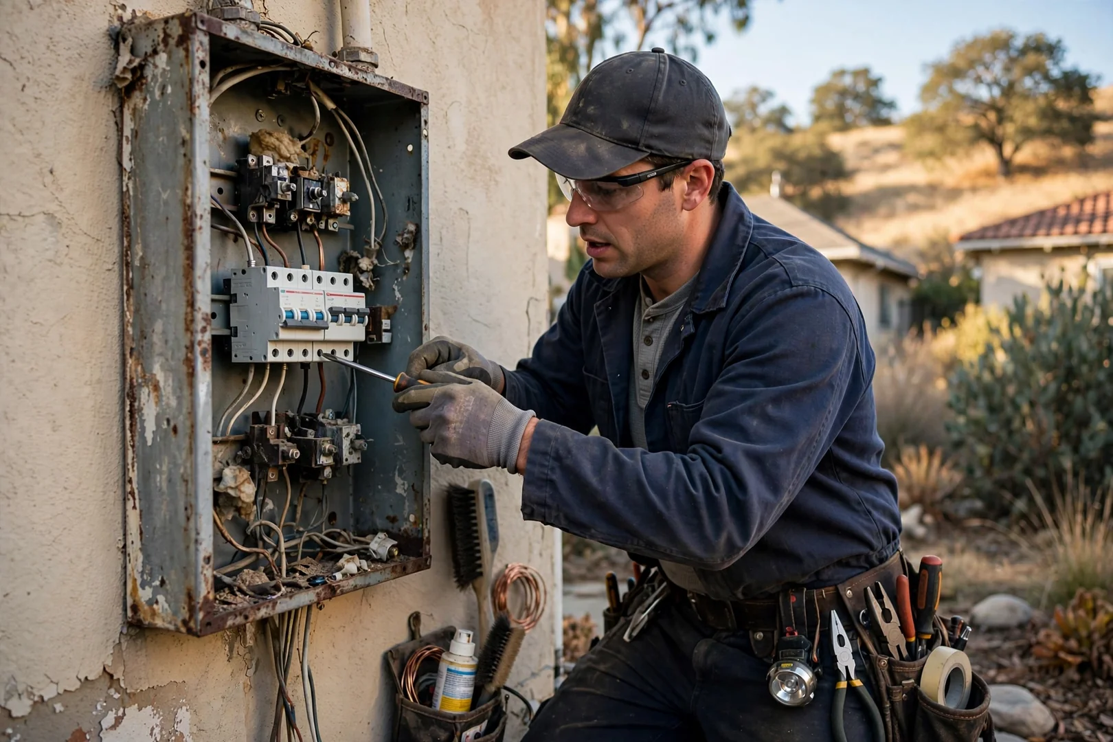 Electrician reviewing surge protection device wiring at a Dublin home electrical panel