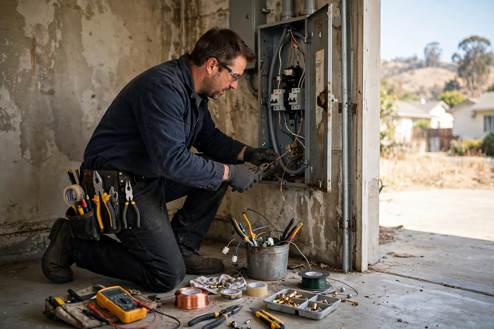 Electrician wiring a surge protective device into a home panel