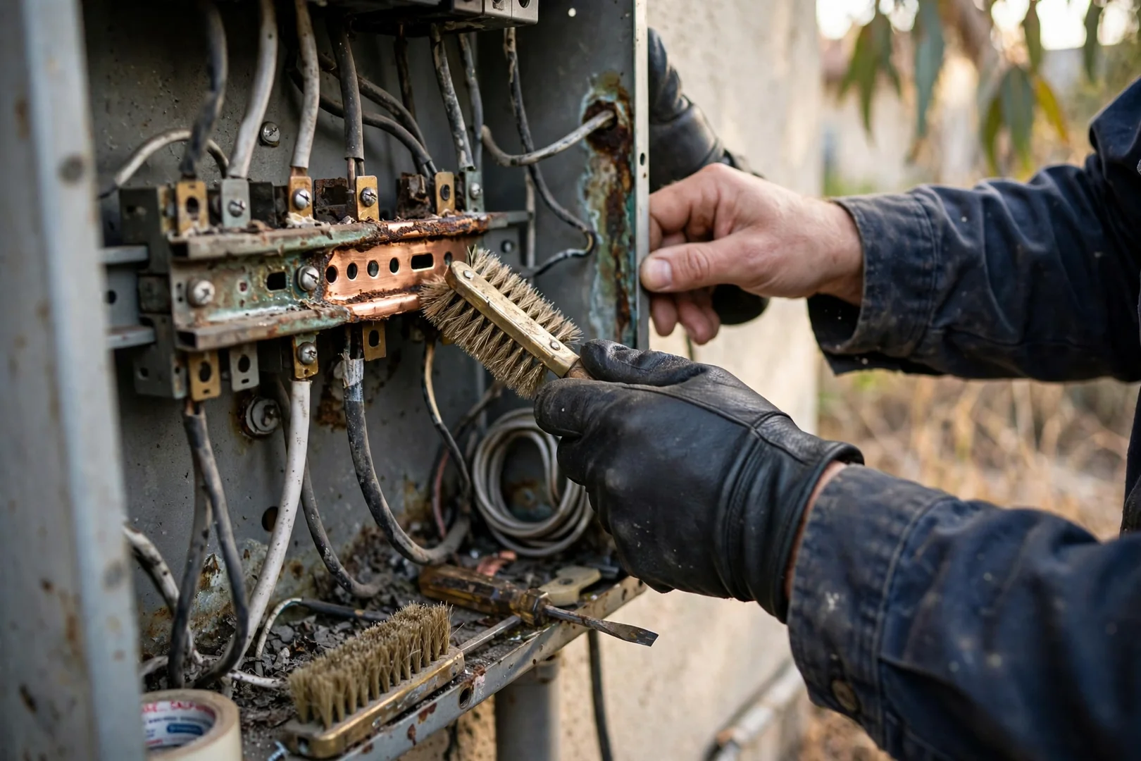 Technician testing ground continuity at a Dublin home service panel