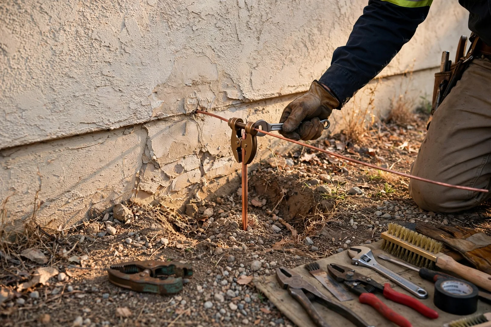 Repaired ground rod connection with new acorn clamp beside an exterior wall in Dublin