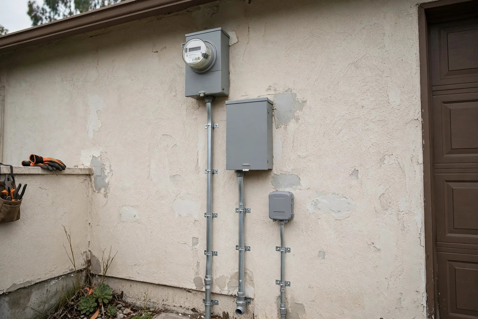 Type 1 surge device installed at a detached garage service entrance with conduit runs