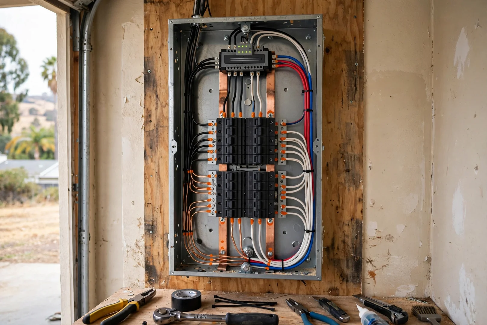 Upgraded electrical panel with layered surge protection and organized circuit conductors inside