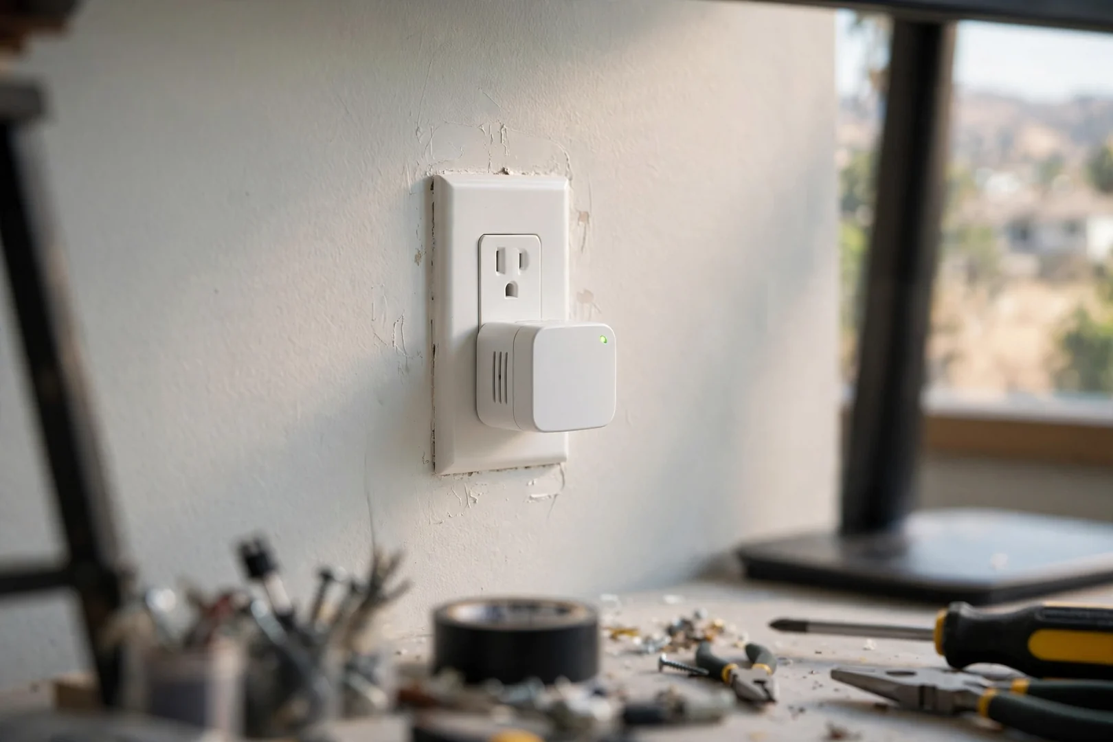 Protected receptacle serving home office equipment after surge coordination work at the panel