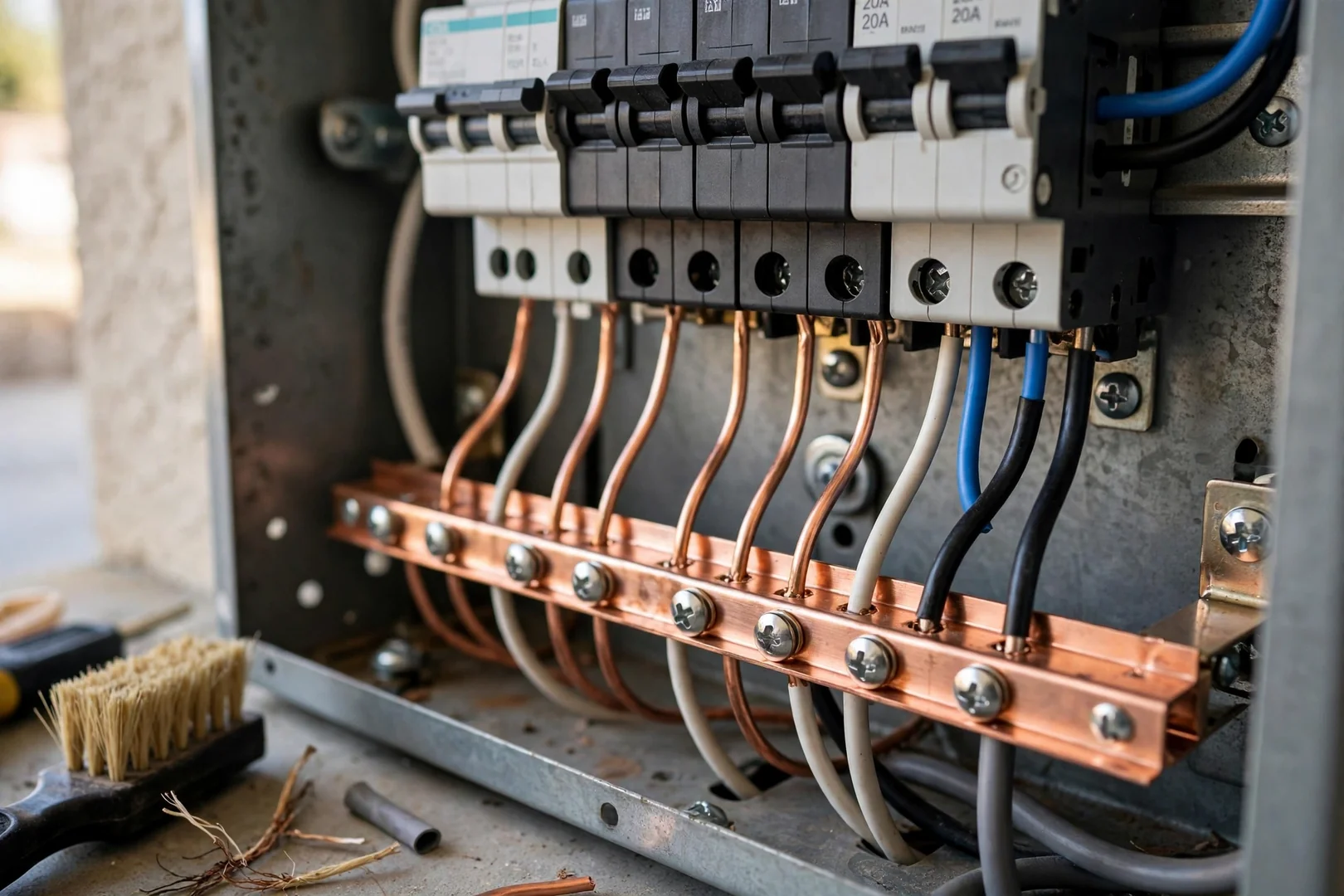 Restored neutral bar with clean terminations after corrosion repair and surge device replacement