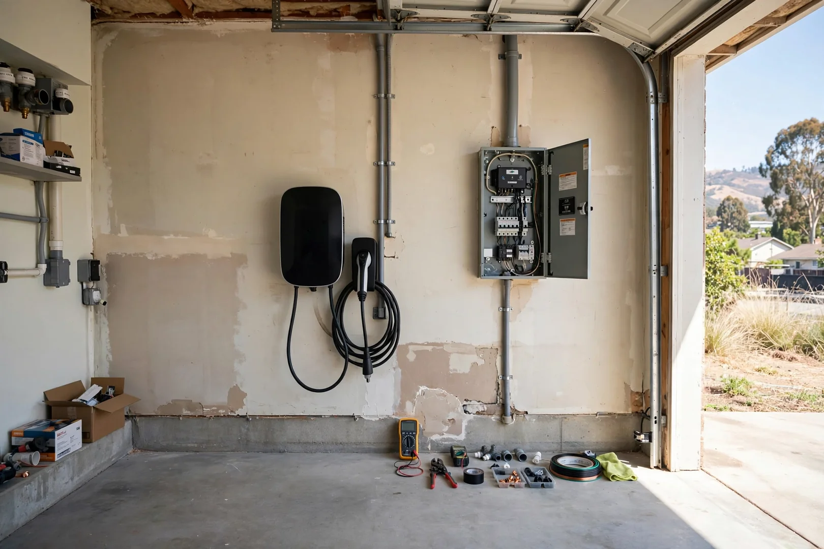 Garage EV charger circuit with surge protection installed at the panel and dedicated conduit