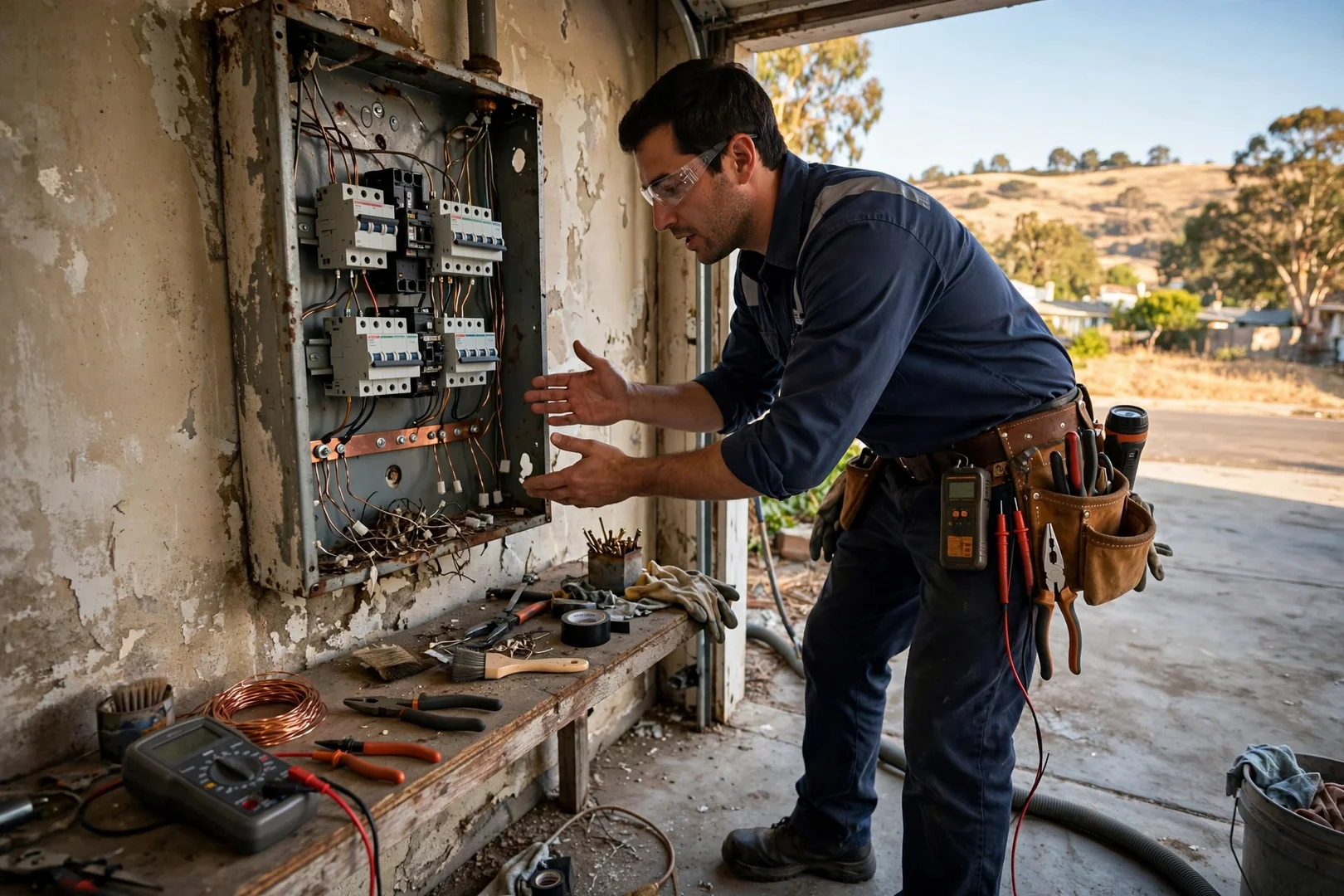 Technician reviewing surge protector status indicators with a Dublin homeowner at the service panel